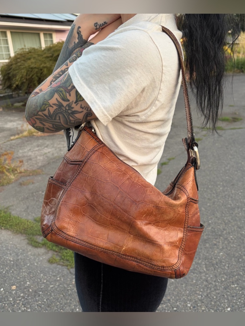 Vintage y2k Brown Leather Croc Print Fossil Shoulder Bag